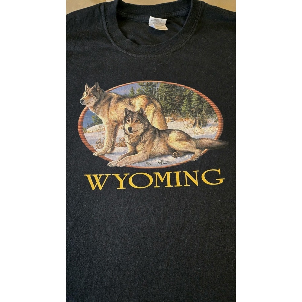 Wyoming Wolves‎ Vintage T Shirt Joe Hautman Wildlife Art Nature Black Tee Men XL